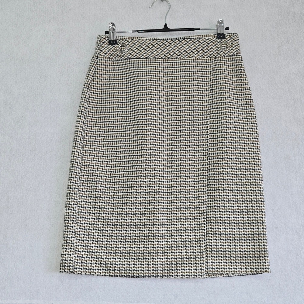 H&M Houndstooth Pencil Skirt Brown Black White Plaid Knee Length Size 4 08504461